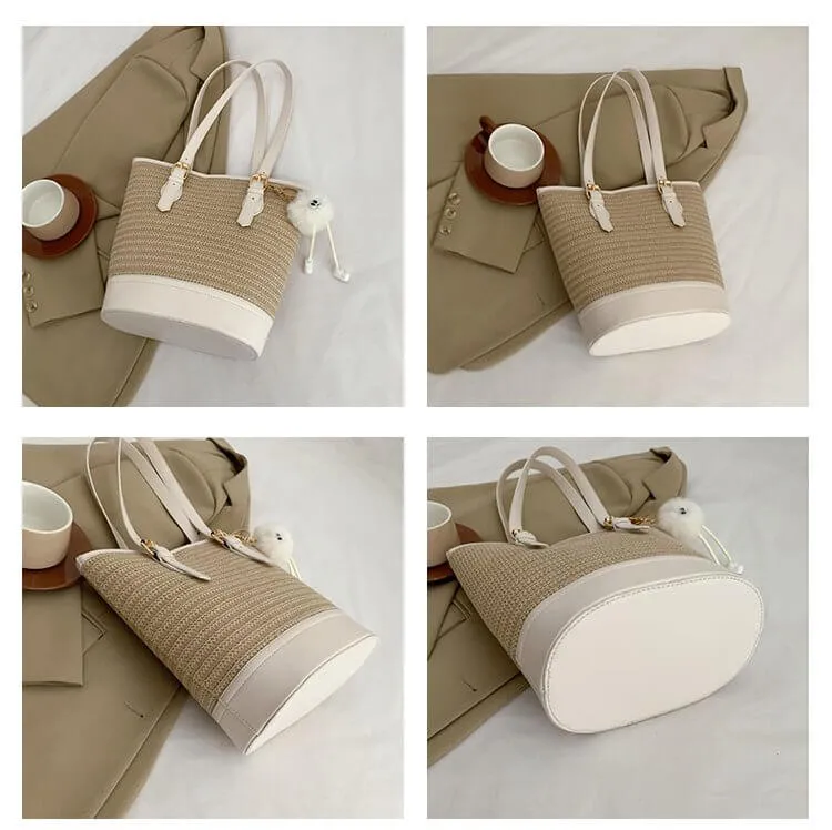 Straw And Leather Shopper Tote Bucket Bag-Showtown