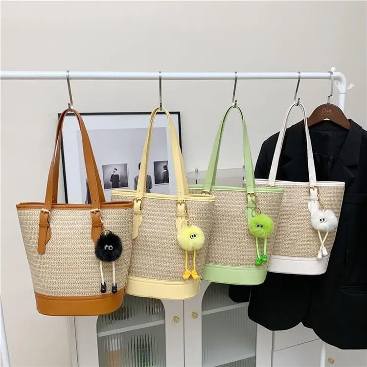 Straw And Leather Shopper Tote Bucket Bag-Showtown