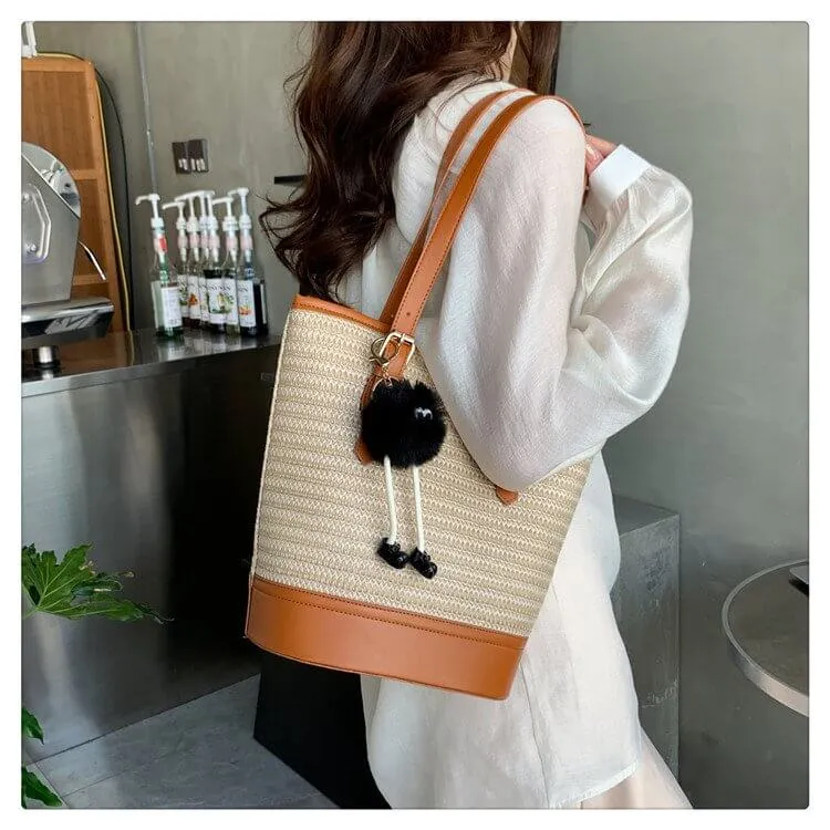 Straw And Leather Shopper Tote Bucket Bag-Showtown