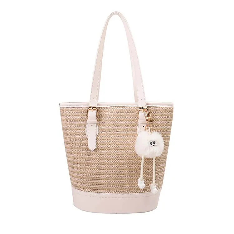 Straw And Leather Shopper Tote Bucket Bag-Showtown