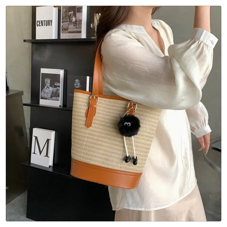 Straw And Leather Shopper Tote Bucket Bag-Showtown