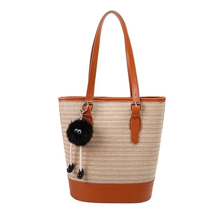Straw And Leather Shopper Tote Bucket Bag-Showtown
