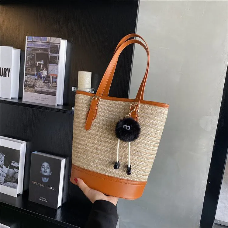 Straw And Leather Shopper Tote Bucket Bag-Showtown