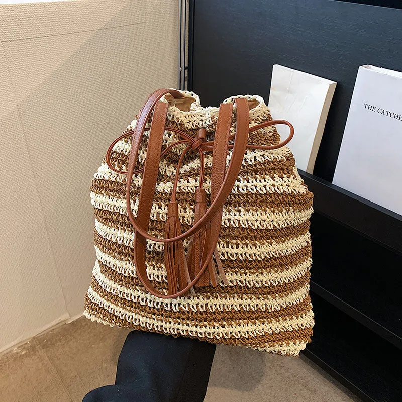 Stripe Straw Drawstring Bag with Leather Handles- Showtown