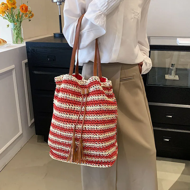 Stripe Straw Drawstring Bag with Leather Handles- Showtown
