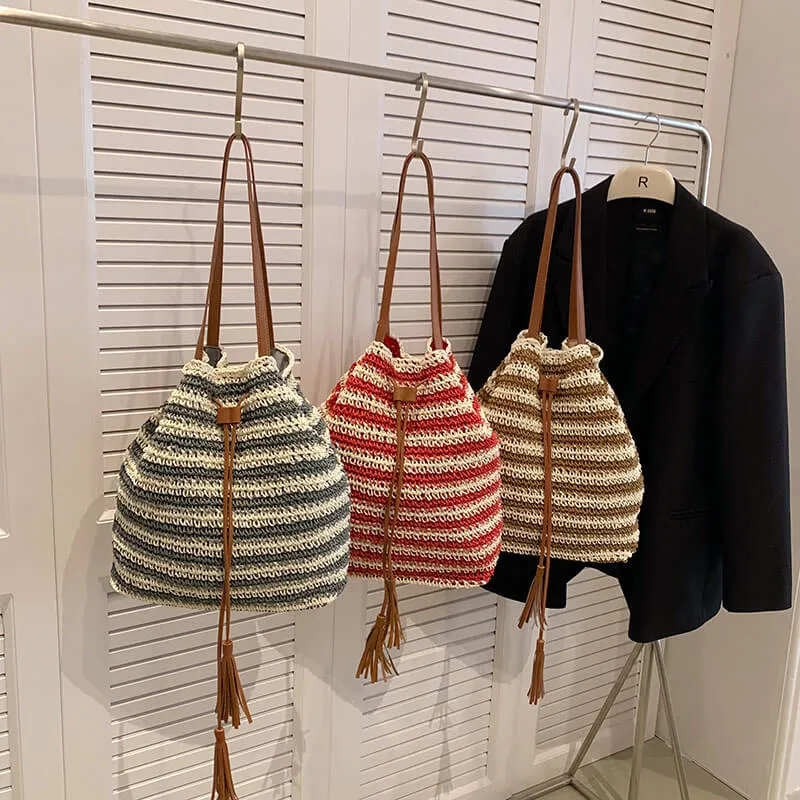 Stripe Straw Drawstring Bag with Leather Handles- Showtown