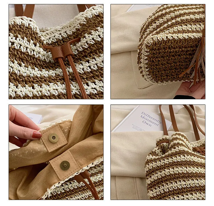 Stripe Straw Drawstring Bag with Leather Handles- Showtown
