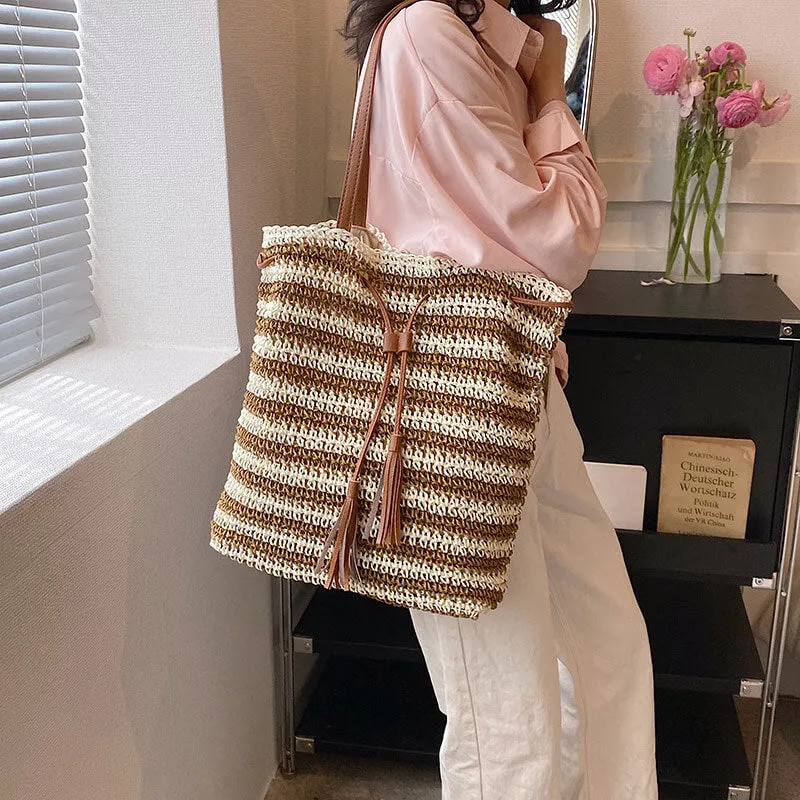 Stripe Straw Drawstring Bag with Leather Handles- Showtown