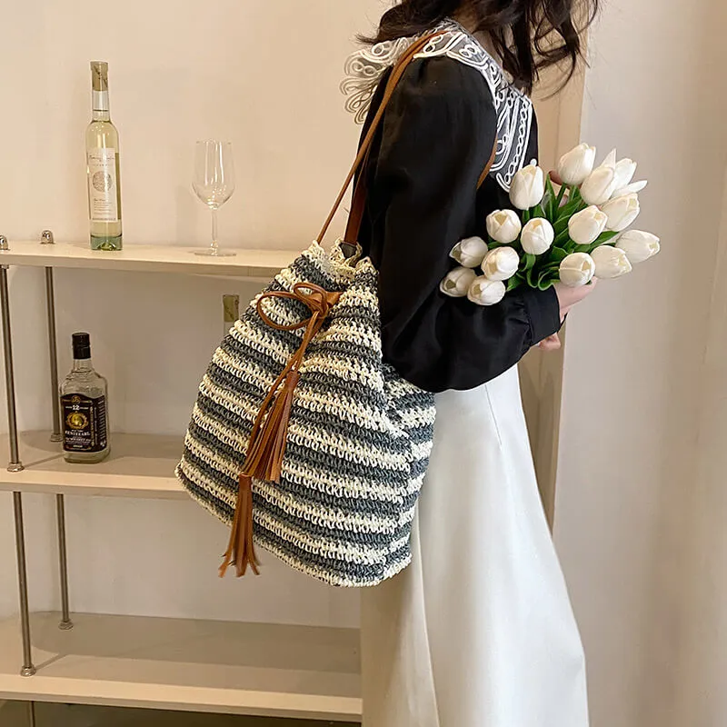 Stripe Straw Drawstring Bag with Leather Handles- Showtown