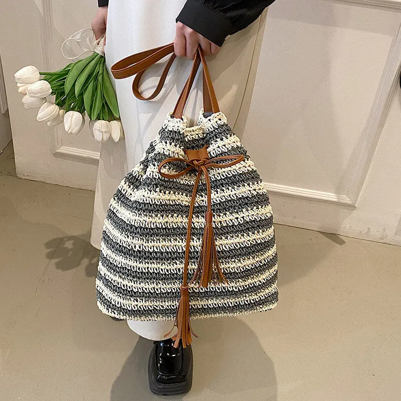 Stripe Straw Drawstring Bag with Leather Handles- Showtown