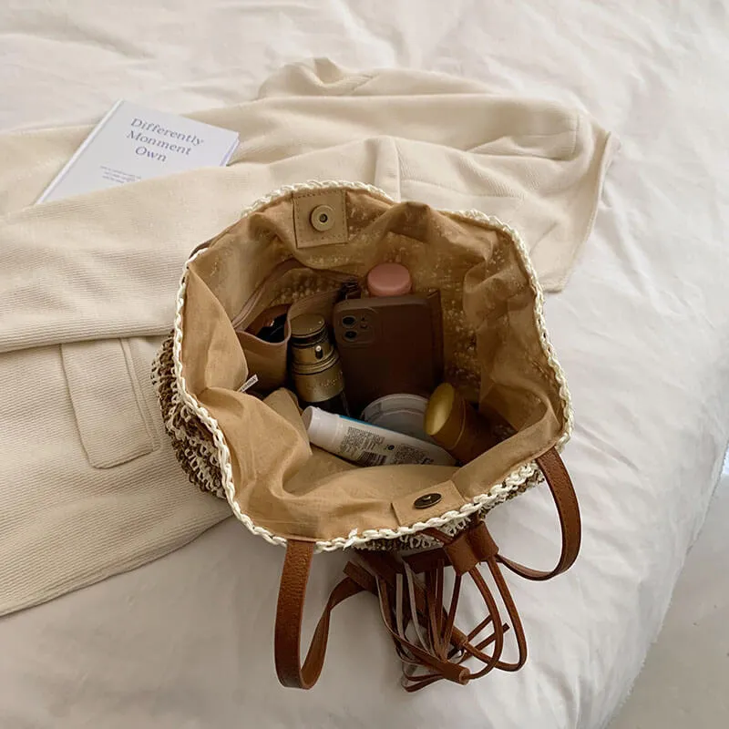Stripe Straw Drawstring Bag with Leather Handles- Showtown