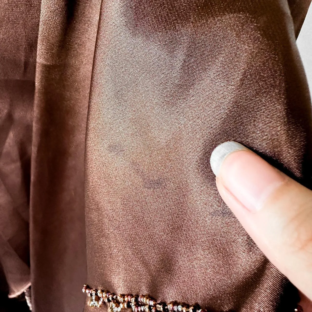 Vintage Brown Satin Lace Beaded Strapless Ruffle Flared Maxi Prom Dress Size XS