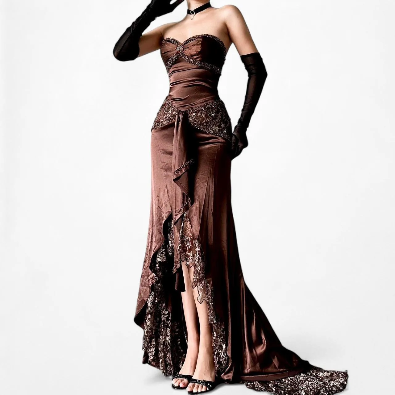 Vintage Brown Satin Lace Beaded Strapless Ruffle Flared Maxi Prom Dress Size XS