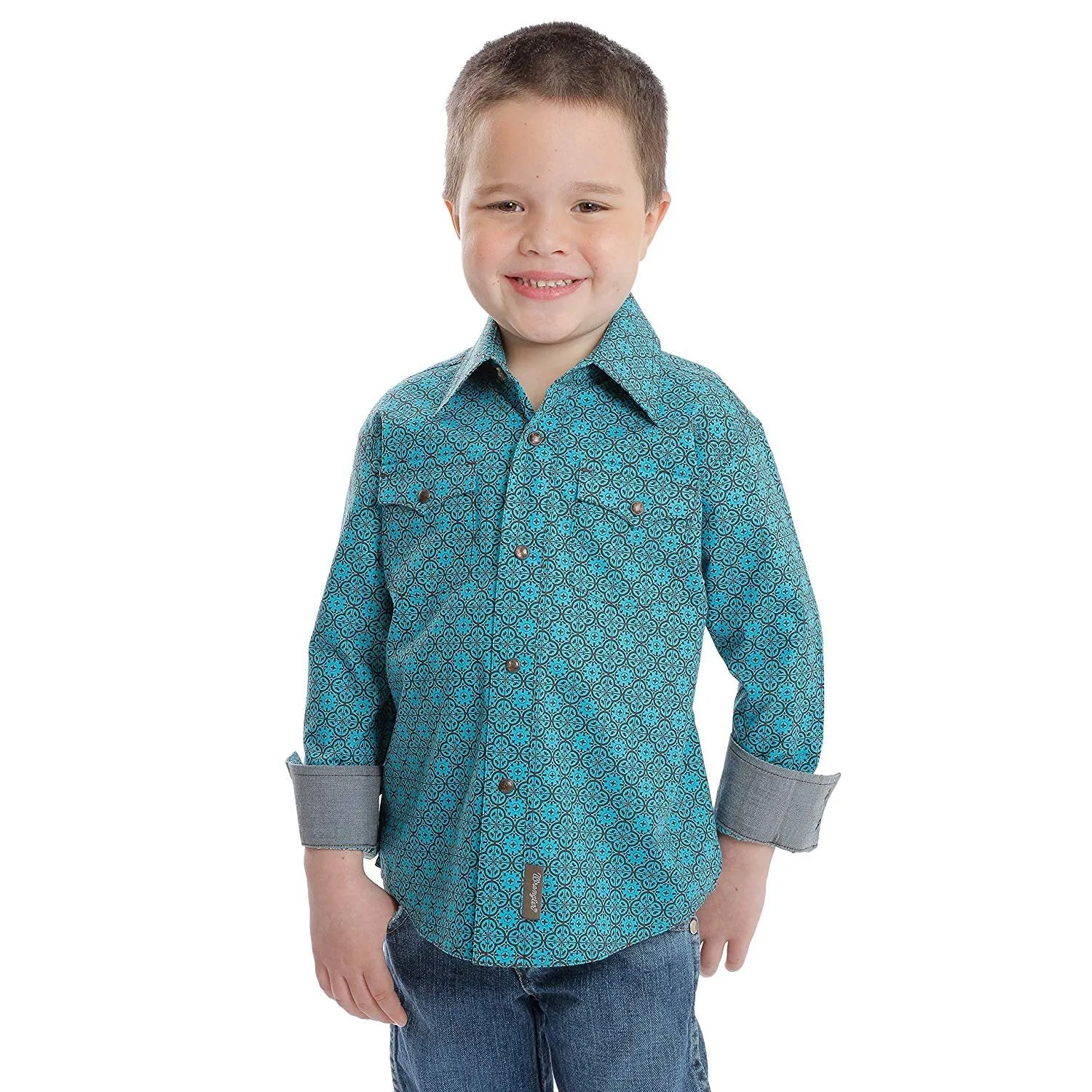 Wrangler Boys Retro Long Sleeve Shirt - BVR478M - Turquoise/Brown